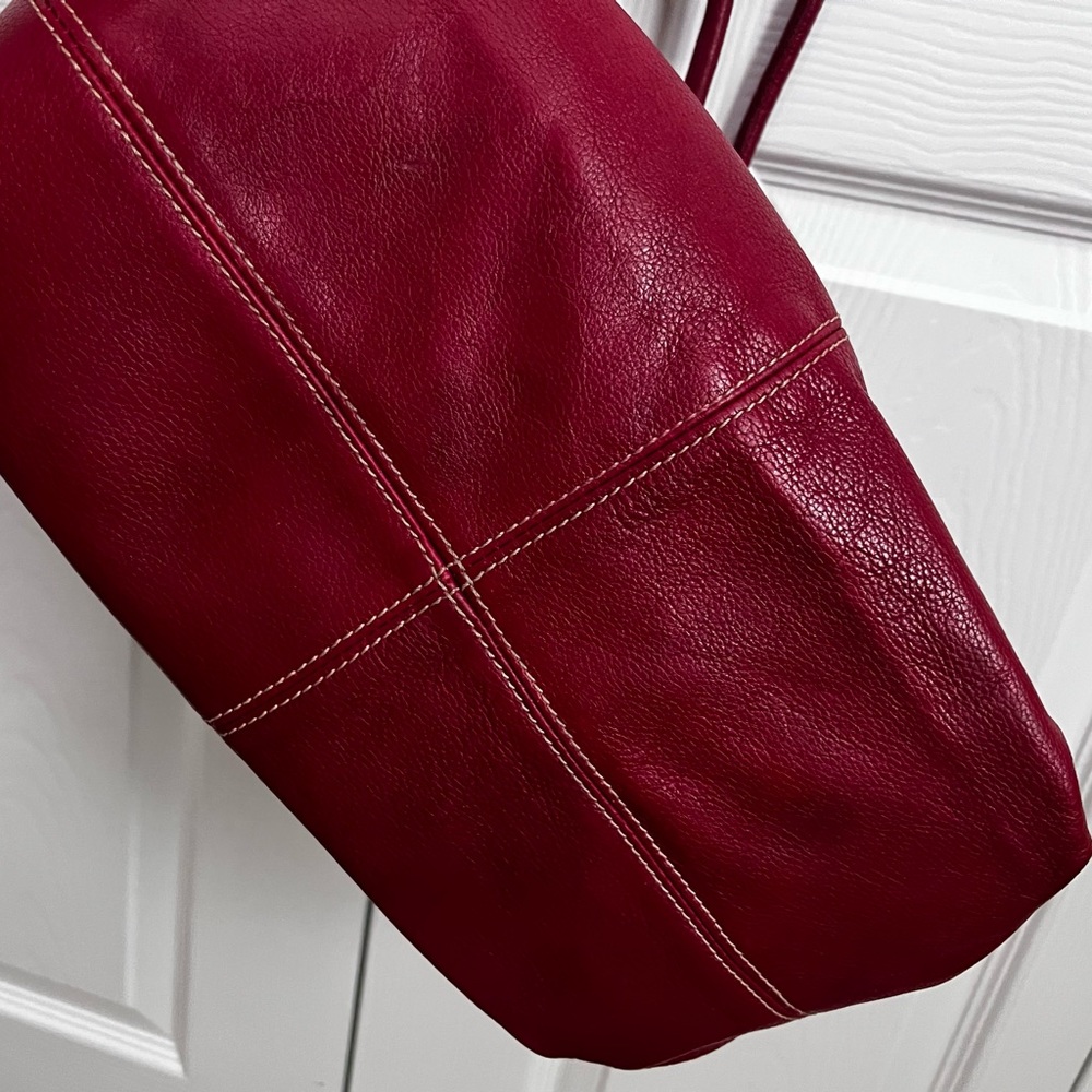 Red Leather Pouch Double Handle Draw String Handb… - image 4